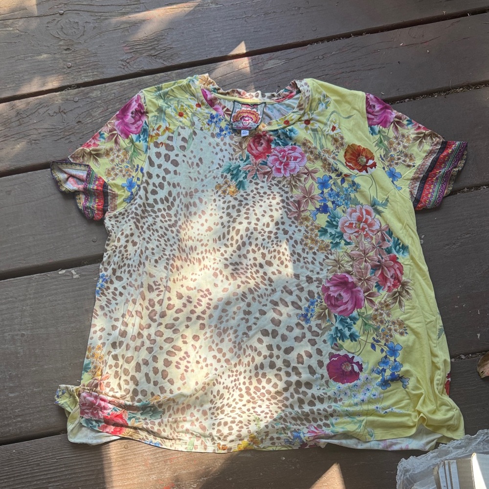 Johnny Was Multicolor Floral and Leopard Print Top